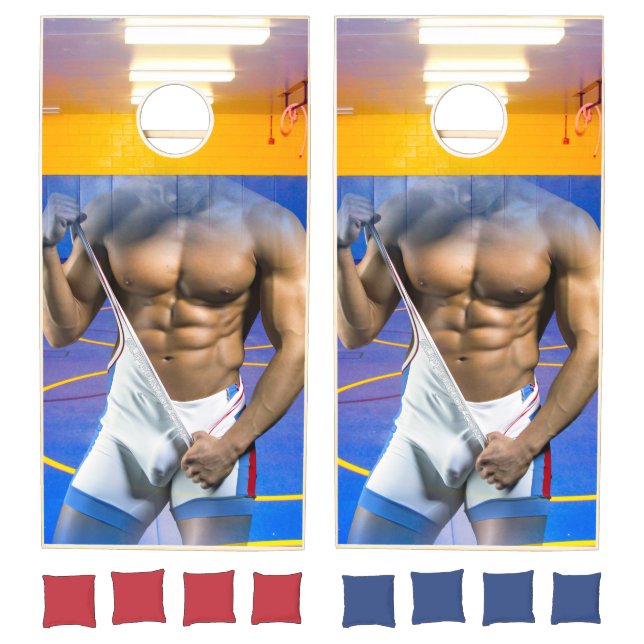 SlipperyJoe's muscular man bulge six-pack gym trai Cornhole Set (Set)