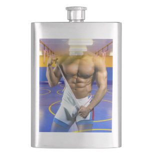 SlipperyJoe's muscular man bulge six-pack gym trai Flask