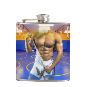 SlipperyJoe's muscular man bulge six-pack gym trai Flask