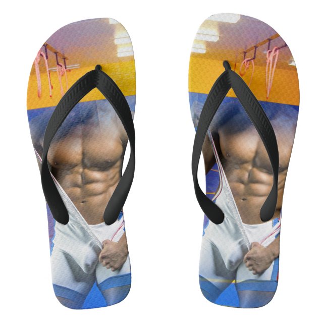 SlipperyJoe's muscular man bulge six-pack gym trai Flip Flops (Footbed)