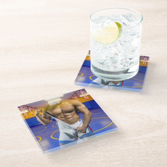 SlipperyJoe's muscular man bulge six-pack gym trai Glass Coaster (Angled)