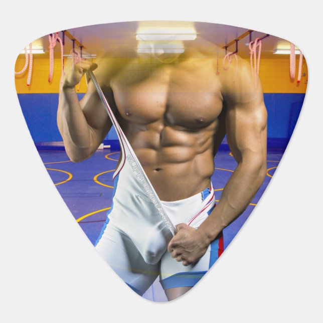 SlipperyJoe's muscular man bulge six-pack gym trai Guitar Pick (Front)