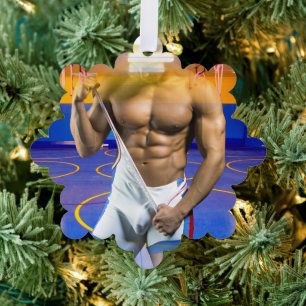 SlipperyJoe's muscular man bulge six-pack gym trai Ornament Card