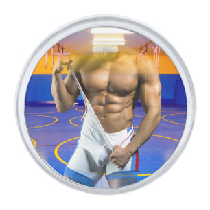 SlipperyJoe's muscular man bulge six-pack gym trai Silver Finish Lapel Pin