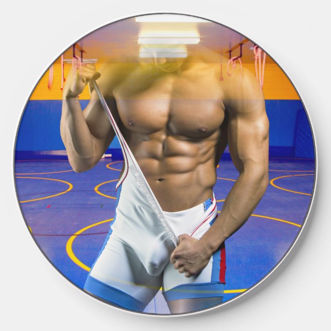 SlipperyJoe's muscular man bulge six-pack gym trai Wireless Charger (Front)