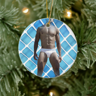 SlipperyJoe's muscular man six-pack abs white unde Ceramic Ornament