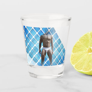SlipperyJoe's muscular man six-pack abs white unde Shot Glass