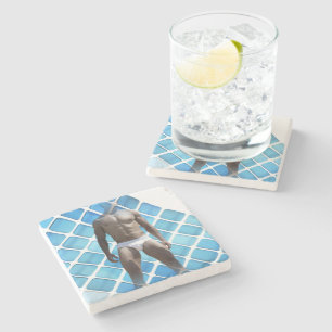 SlipperyJoe's muscular man six-pack abs white unde Stone Coaster
