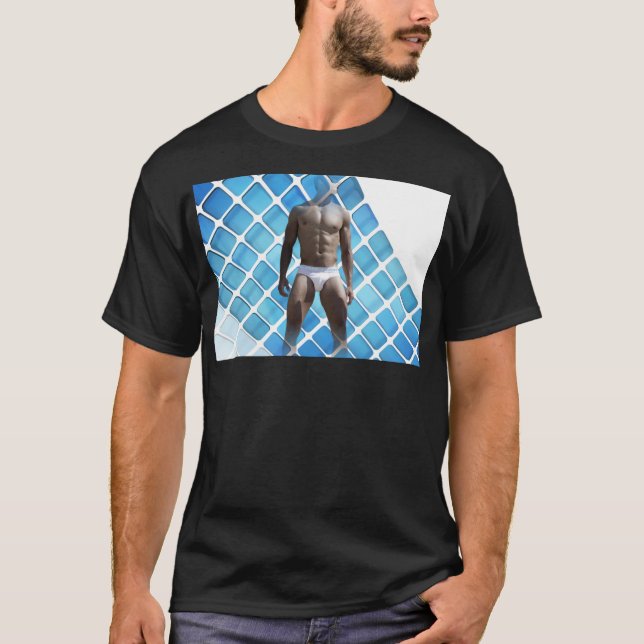 SlipperyJoe's muscular man six-pack abs white unde T-Shirt (Front)