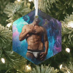 SlipperyJoe's muscular man underwear bulge cosmic  Glass Ornament