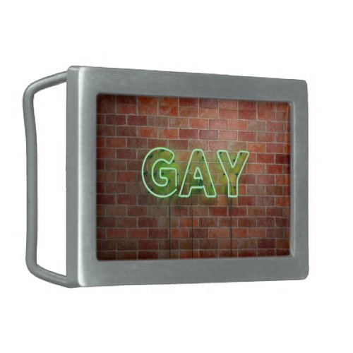 SlipperyJoes neon Gay Sign green bricks wall word Belt Buckle