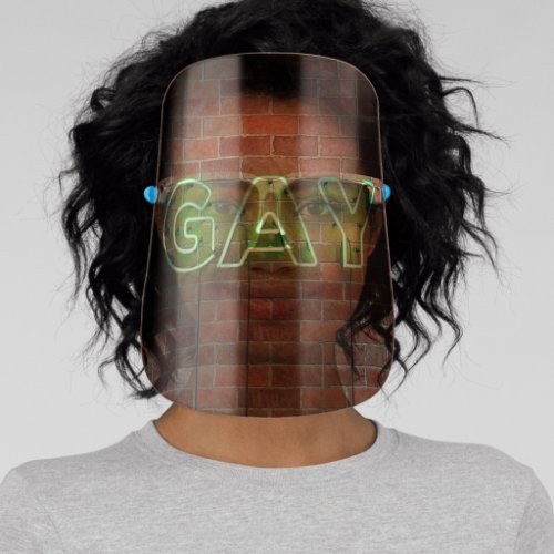 SlipperyJoes neon Gay Sign green bricks wall word Face Shield