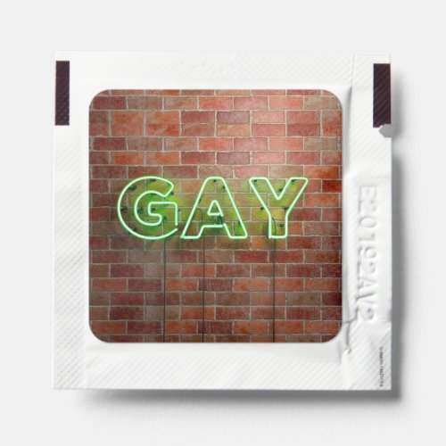 SlipperyJoes neon Gay Sign green bricks wall word Hand Sanitizer Packet