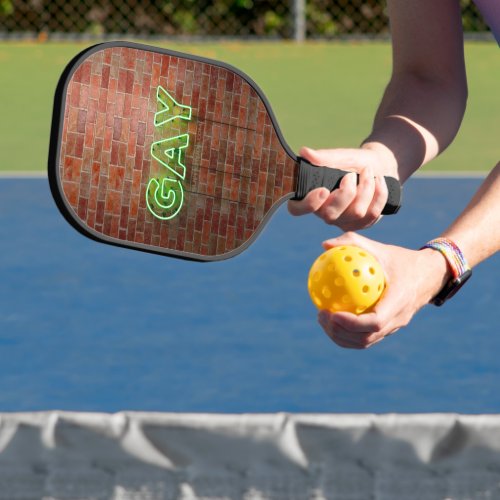 SlipperyJoes neon Gay Sign green bricks wall word Pickleball Paddle