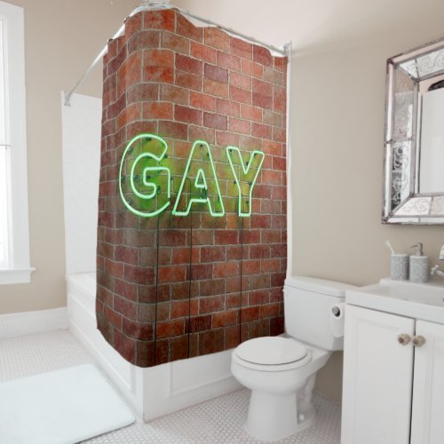 SlipperyJoes neon Gay Sign green bricks wall word Shower Curtain