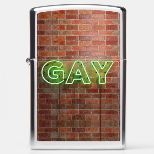 SlipperyJoes neon Gay Sign green bricks wall word Zippo Lighter