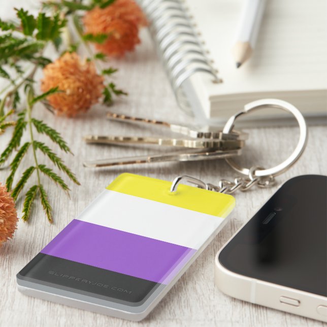 SlipperyJoe's Nonbinary Pride Flag yellow white pu Keychain (Front Right)