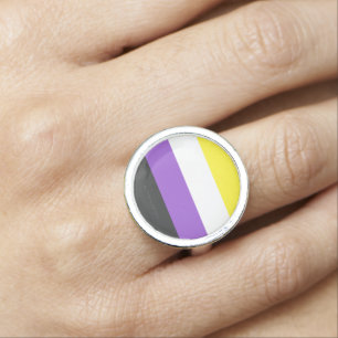 SlipperyJoe's Nonbinary Pride Flag yellow white pu Ring