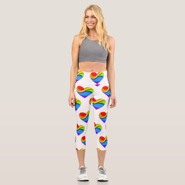 SlipperyJoe's pride heart curves shape 3-D three-d Capri Leggings (Front)