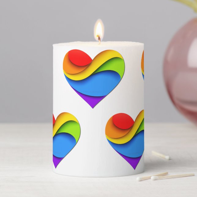 SlipperyJoe's pride heart curves shape 3-D three-d Pillar Candle (In Situ)