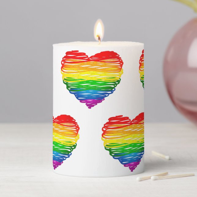 SlipperyJoe's pride scribbled heart shape drawing  Pillar Candle (In Situ)