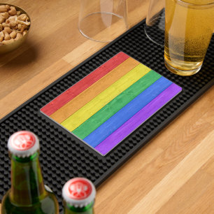 SlipperyJoe's pride wooden flag horizontal rainbow Bar Mat