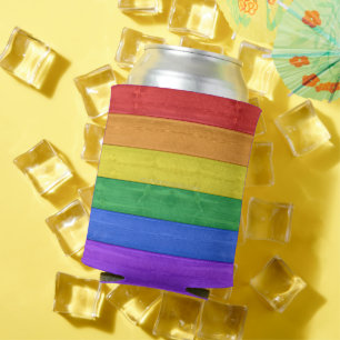 SlipperyJoe's pride wooden flag horizontal rainbow Can Cooler