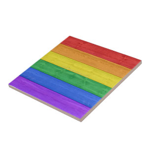SlipperyJoe's pride wooden flag horizontal rainbow Ceramic Tile