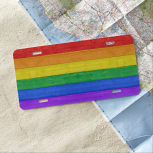 SlipperyJoe's pride wooden flag horizontal rainbow License Plate