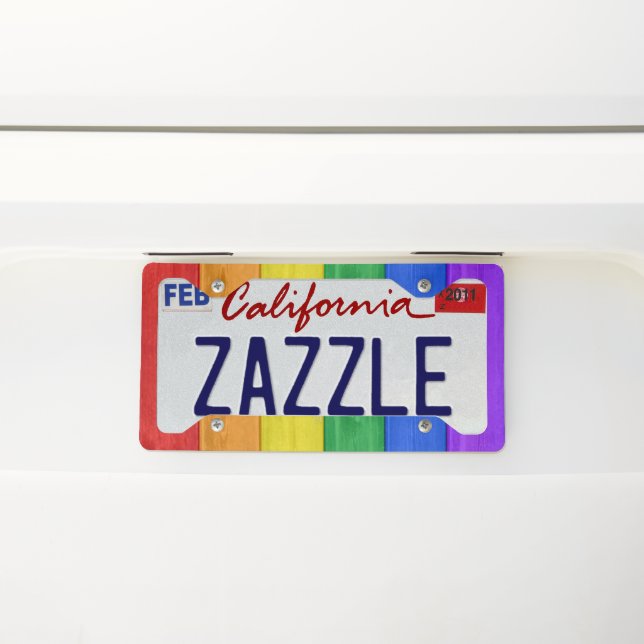 SlipperyJoe's pride wooden flag horizontal rainbow License Plate Frame (On Car)