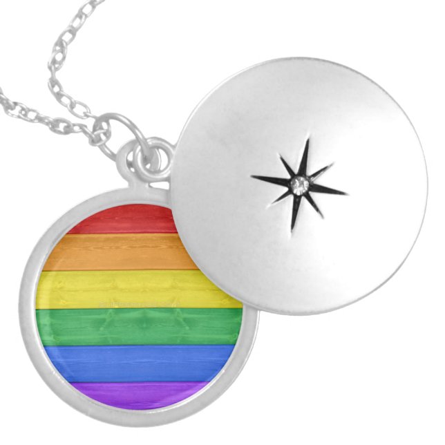 SlipperyJoe's pride wooden flag horizontal rainbow Locket Necklace (Front)