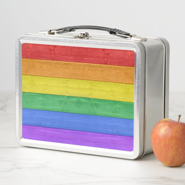 SlipperyJoe's pride wooden flag horizontal rainbow Metal Lunch Box (In Situ)