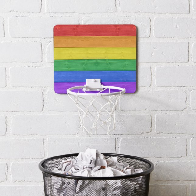 SlipperyJoe's pride wooden flag horizontal rainbow Mini Basketball Hoop (In Situ)