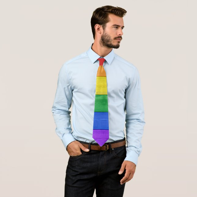 SlipperyJoe's pride wooden flag horizontal rainbow Neck Tie (In Situ)