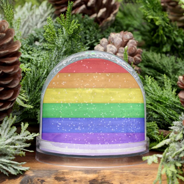 SlipperyJoe's pride wooden flag horizontal rainbow Snow Globe (Winter)
