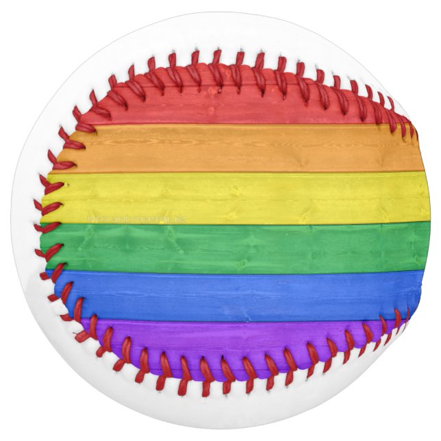 SlipperyJoe's pride wooden flag horizontal rainbow Softball (Front Left)