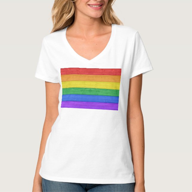 SlipperyJoe's pride wooden flag horizontal rainbow T-Shirt (Front)