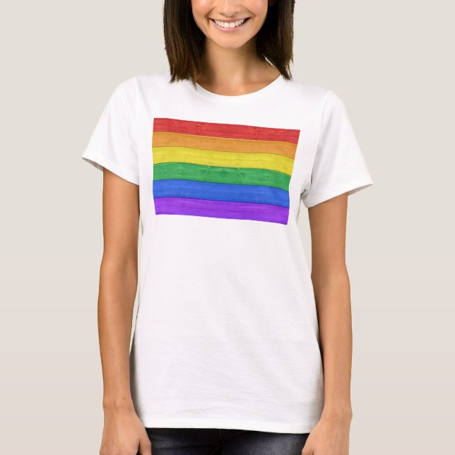 SlipperyJoe's pride wooden flag horizontal rainbow T-Shirt (Front)