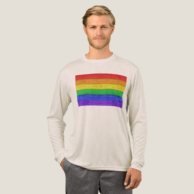 SlipperyJoe's pride wooden flag horizontal rainbow Tri-Blend Shirt (Full Front)