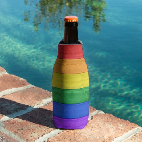 SlipperyJoes pride wooden flag rainbow colors cel Bottle Cooler