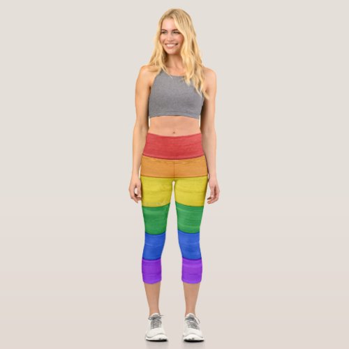 SlipperyJoes pride wooden flag rainbow colors cel Capri Leggings