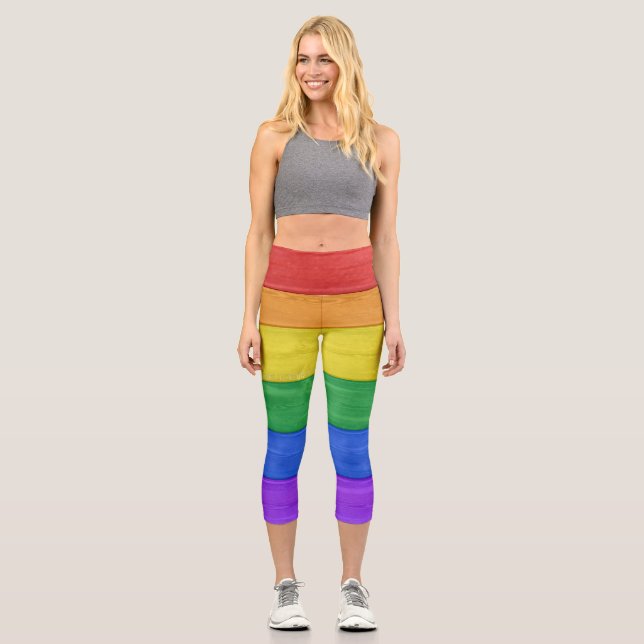 SlipperyJoe's pride wooden flag rainbow colors cel Capri Leggings (Front)