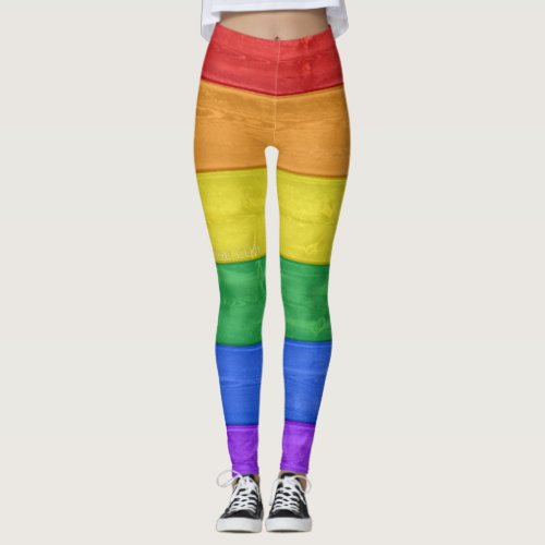 SlipperyJoes pride wooden flag rainbow colors cel Leggings