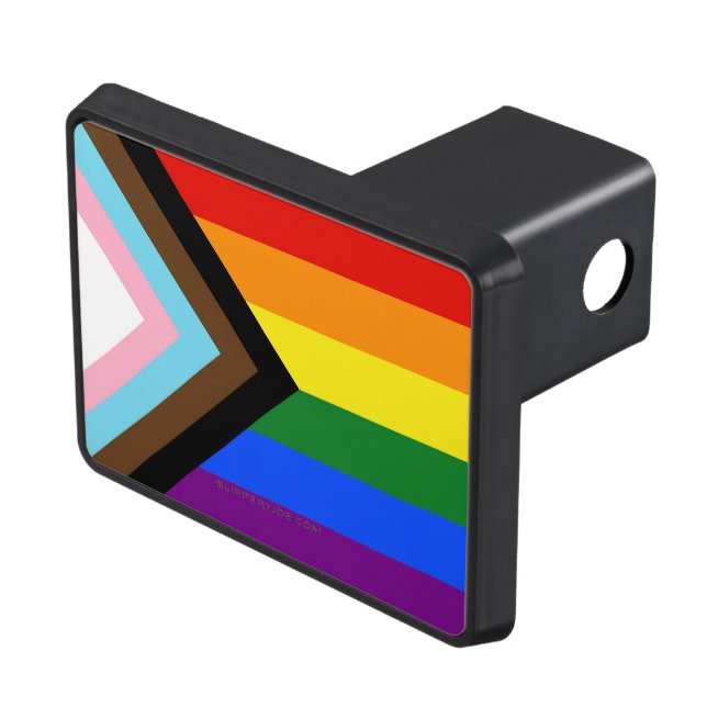 SlipperyJoe's Progress Pride Flag gay gifts LGBTQI Hitch Cover (Top Right)