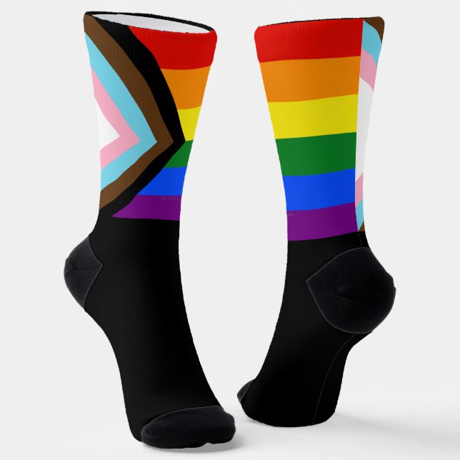 SlipperyJoe's Progress Pride Flag gay gifts LGBTQI Socks (Angled)