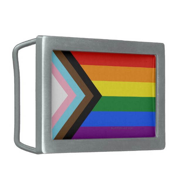 SlipperyJoe's Progress Pride Flag six classic hori Belt Buckle (Front Left)