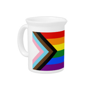 SlipperyJoe's Progress Pride Flag six classic hori Beverage Pitcher
