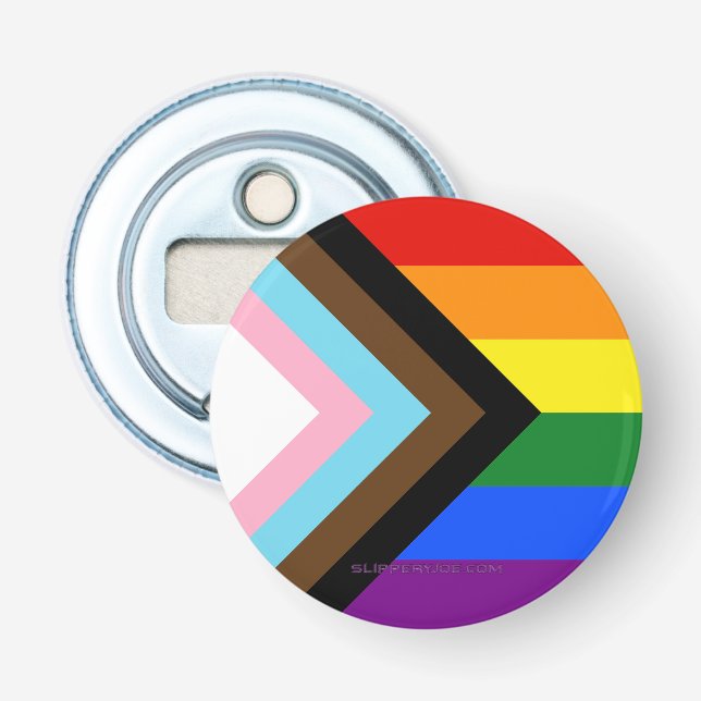 SlipperyJoe's Progress Pride Flag six classic hori Bottle Opener (Front)
