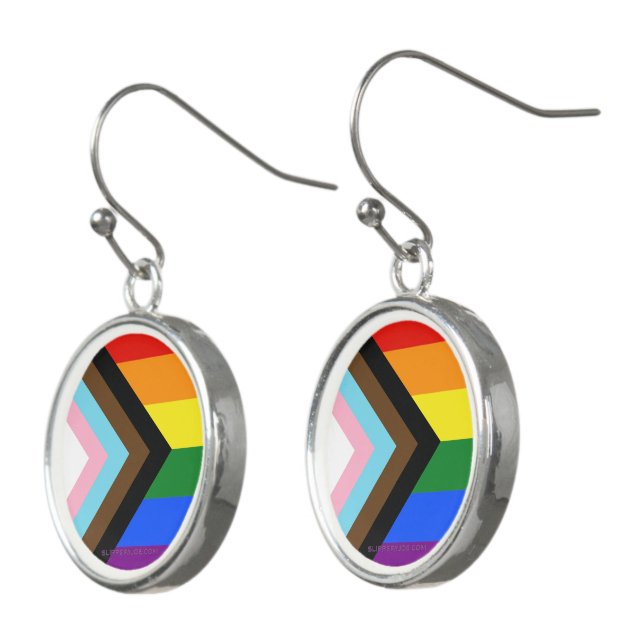 SlipperyJoe's Progress Pride Flag six classic hori Earrings (Angled)