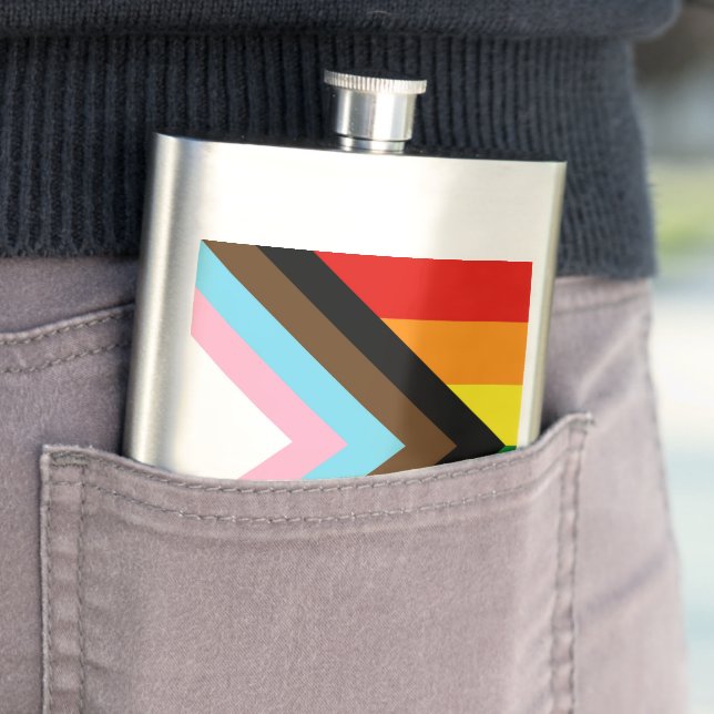 SlipperyJoe's Progress Pride Flag six classic hori Flask (In Situ)